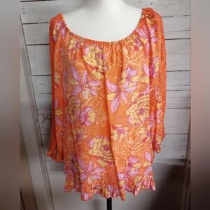 Unique Spectrum Off the Shoulder Top Blouse Orange Floral Tropical, Size XL